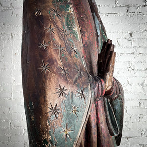 18th Century Tall Mexican Polychrome Wood Virgin Guadalupe Decorative Statue