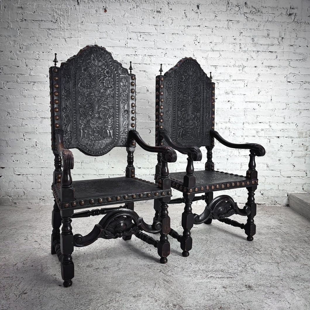 Set of 2 19th C. Spanish Embossed Leather Dining Chair