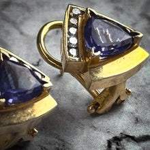 Load image into Gallery viewer, Pair Vintage Postmodern 14K Gold Tanzanite and Diamond Earring
