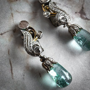 20th Century Belle Epoque Platinum Dipped Yellow Gold Aquamarine Drop Earrings
