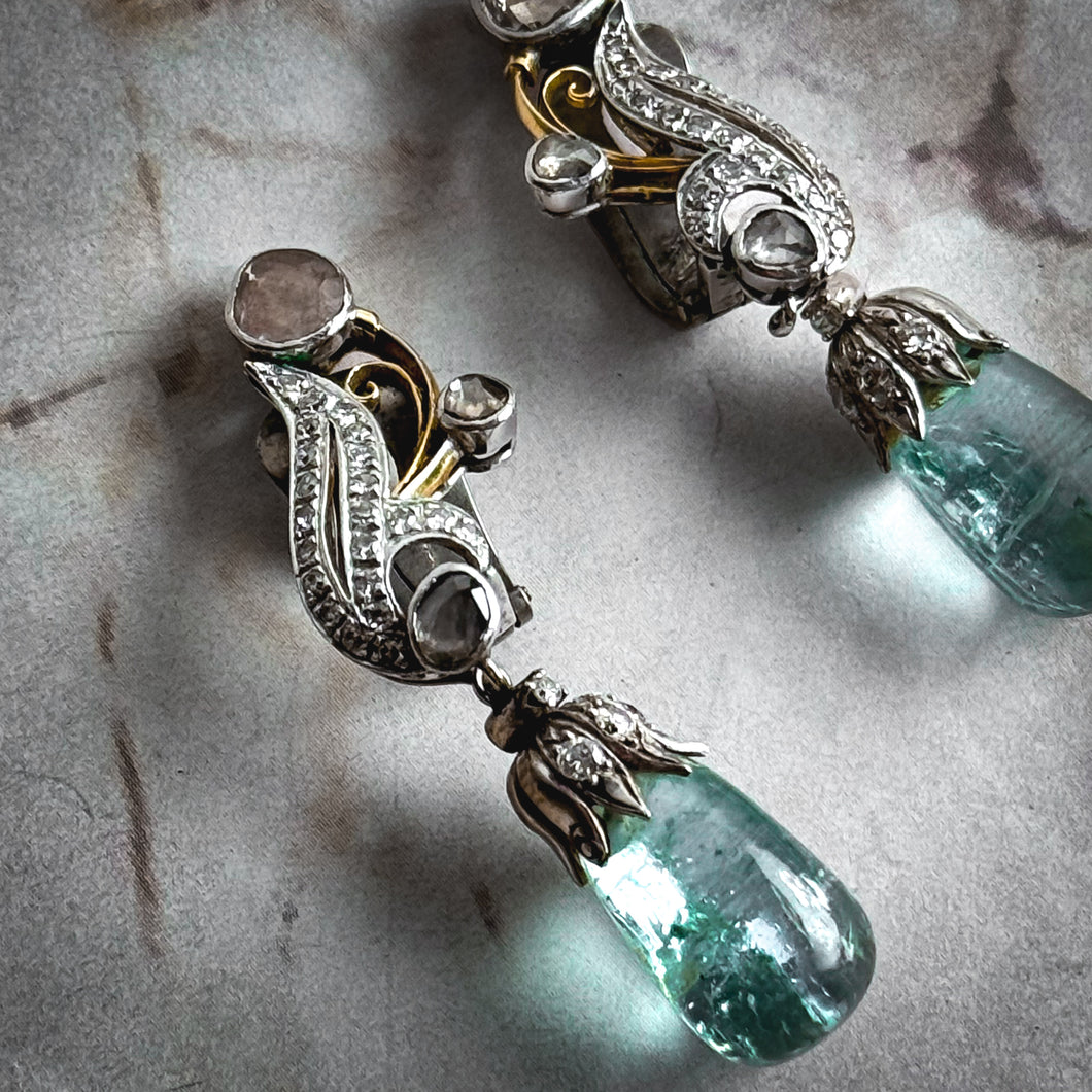 20th Century Belle Epoque Platinum Dipped Yellow Gold Aquamarine Drop Earrings