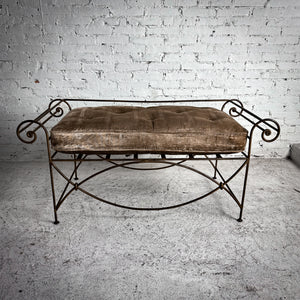 Hollywood Regency Velvet Cushioned Iron Bench