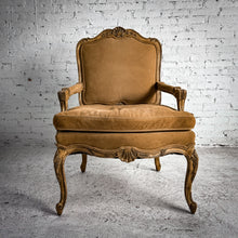 Load image into Gallery viewer, Louis XV Style Suede Antiqued Walnut Armchair

