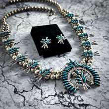 Load image into Gallery viewer, 20th C. Squash Blossom Silver Turquoise Necklace
