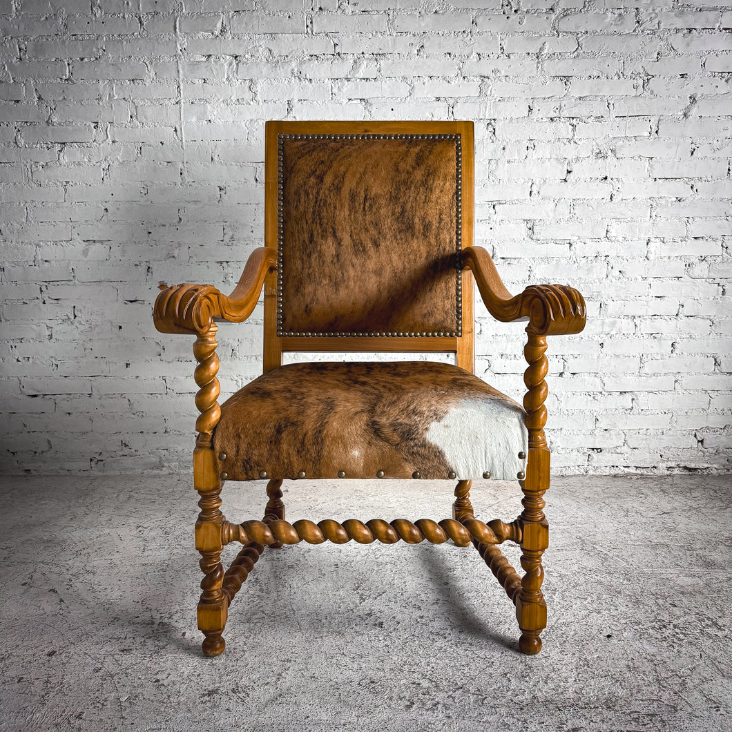 Spanish Colonial Revival Cowhide Wood Armchair