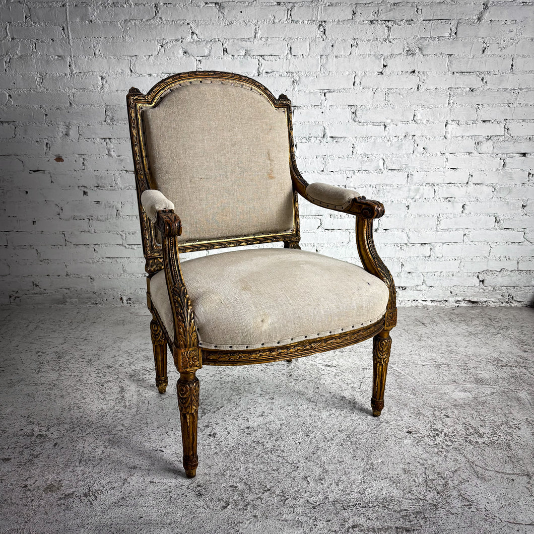 Louis XVI Linen Gilt Wood Armchair