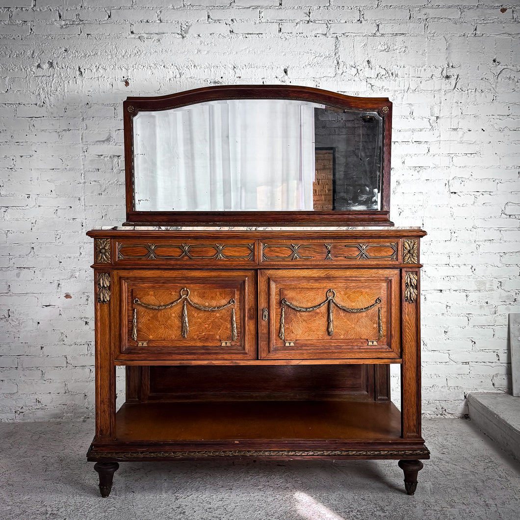 Neoclassical Revival Veneer Wood & Marble Mirrored Sideboard