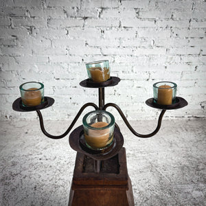 Eclectic Wrought Iron Stained Wood Candelabra Candleholder