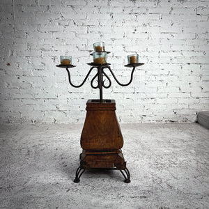 Eclectic Wrought Iron Stained Wood Candelabra Candleholder