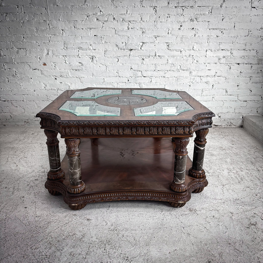 Mass Produced Victorian Revival Carved Wood & Marble Cocktail Table