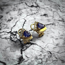 Load image into Gallery viewer, Pair Vintage Postmodern 14K Gold Tanzanite and Diamond Earring
