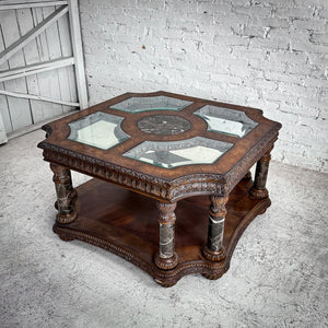 Mass Produced Victorian Revival Carved Wood & Marble Cocktail Table