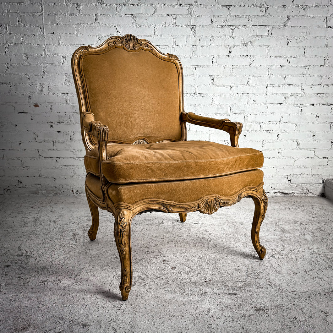 Louis XV Style Suede Antiqued Walnut Armchair