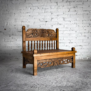 Mid 20th Century Small Asian Cane Carved Teak Bench