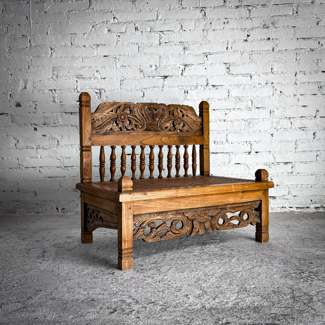Mid 20th Century Small Asian Cane Carved Teak Bench