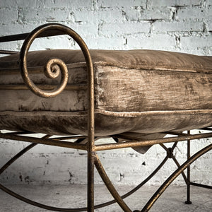 Hollywood Regency Velvet Cushioned Iron Bench