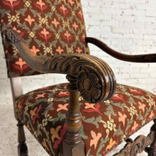 Load image into Gallery viewer, Renaissance Revival Carved Wood Armchair with Fleur-de-Lis Upholstery
