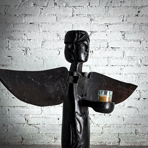 Folk Art Hand Carved Stained Wood Candleholder
