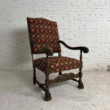 Load image into Gallery viewer, Renaissance Revival Carved Wood Armchair with Fleur-de-Lis Upholstery
