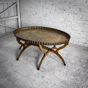 Moroccan Engraved Brass & Wood Cocktail Table