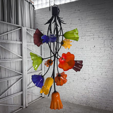 Load image into Gallery viewer, Eclectic Multi-Color Glass Flower &amp; Iron Pendant Chandelier
