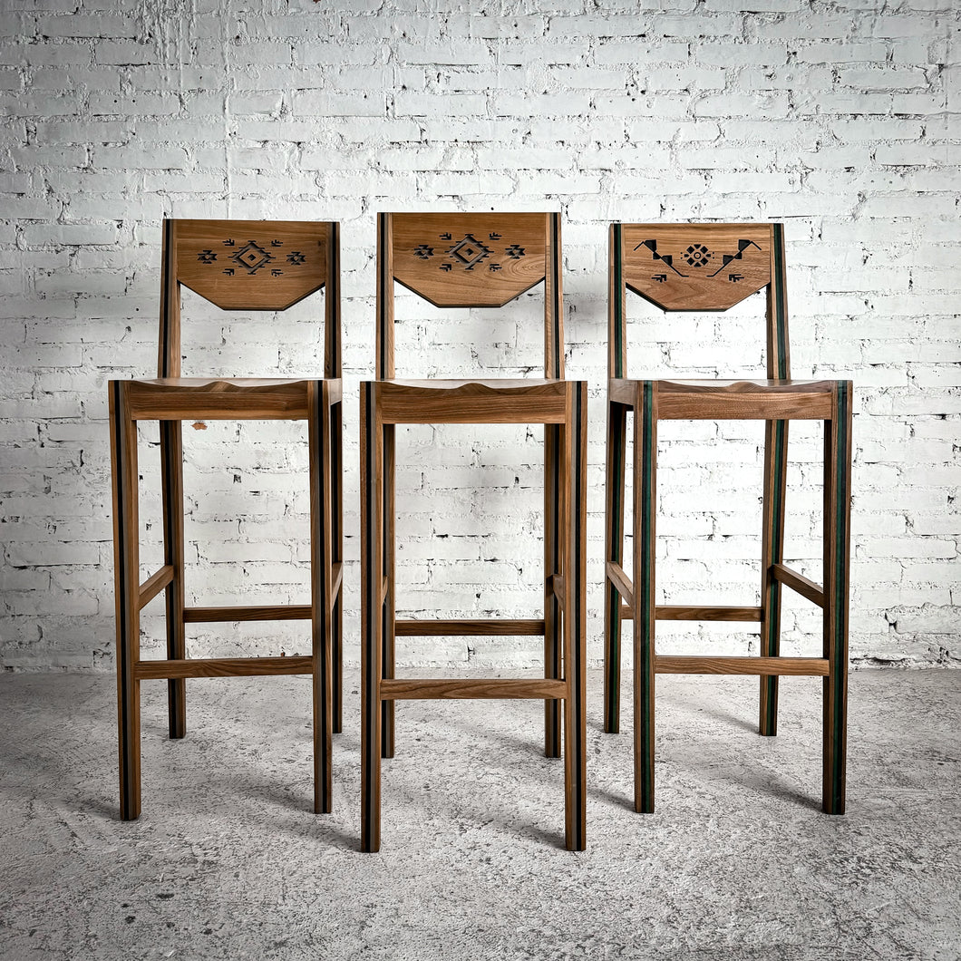 Set of 3 Navajo Style Walnut Bar Stool or Bench