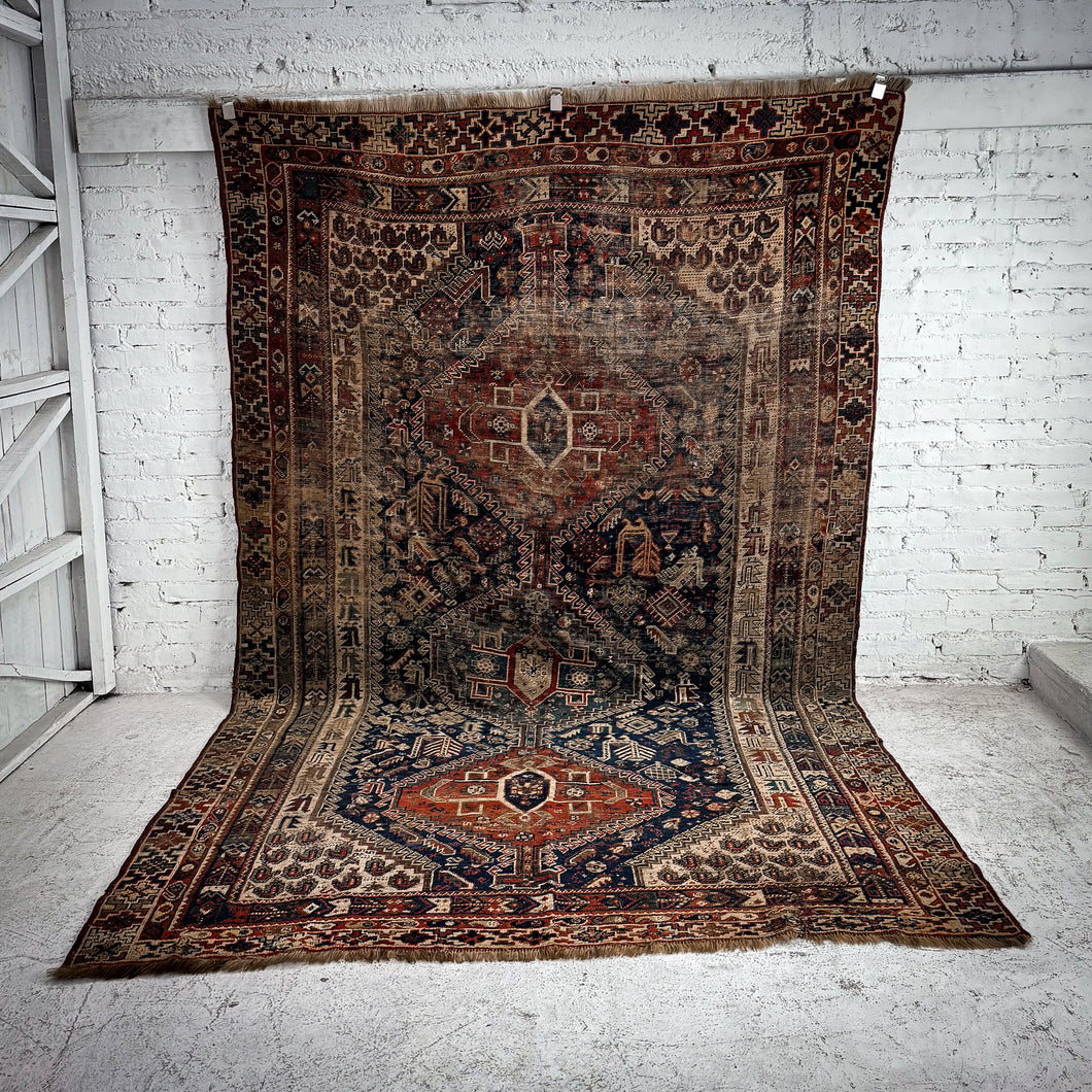 17th Century Qashqai Wool Area Persian Knotted Rug