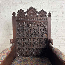 Load image into Gallery viewer, Gothic Revival Carved Wood Throne Armchair
