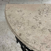 Load image into Gallery viewer, Spanish Revival Travertine and Iron Demilune Console Table
