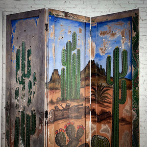 3 Panel Mexican Folk Weathered Mesquite Room Divider Screen