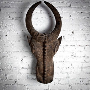 Antique Large African Distressed Wood Cow Head Wall Decor