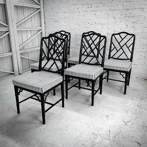 Set of 6 Chippendale Stripe Linen Faux Bamboo Dining Chair
