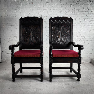 Single High Back Baroque Style Carved Oak Accent Chair