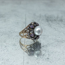 Load image into Gallery viewer, Antique Gold 18K Pearl, Amethyst and Diamond Ring
