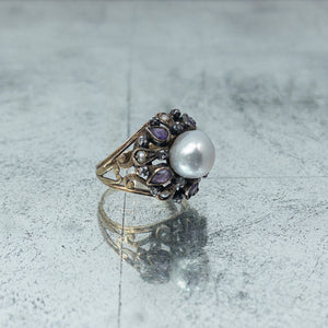 Antique Gold 18K Pearl, Amethyst and Diamond Ring