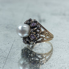 Load image into Gallery viewer, Antique Gold 18K Pearl, Amethyst and Diamond Ring
